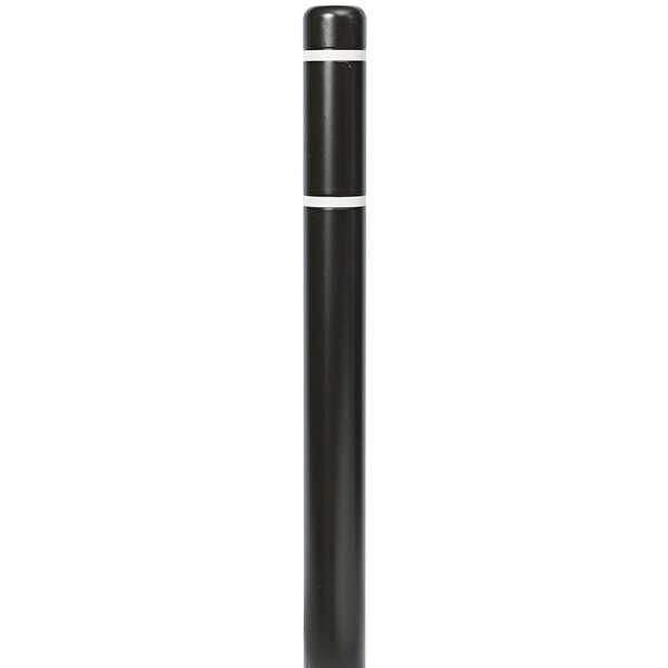 A black cylindrical bollard cover with white stripes.