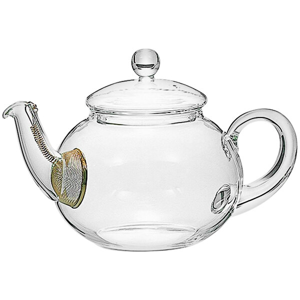 A Hario round glass teapot with a handle and strainer.