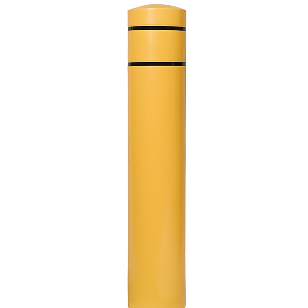 A yellow cylindrical bollard cover with black stripes.