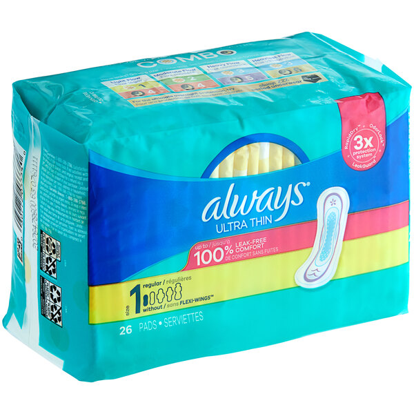 A case of 26 packages of Always Ultra Thin unscented menstrual pads with wings.