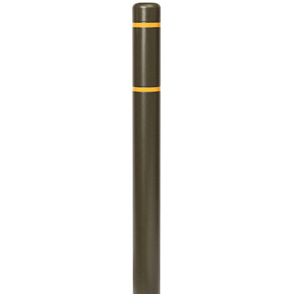 A brown metal Innoplast bollard cover with yellow reflective stripes on a metal pole.