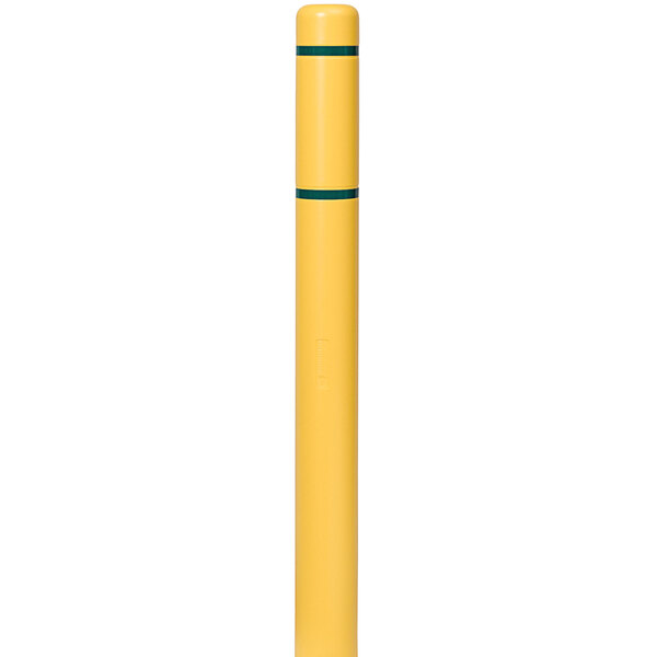 A yellow Innoplast bollard cover with green reflective stripes on a white background.