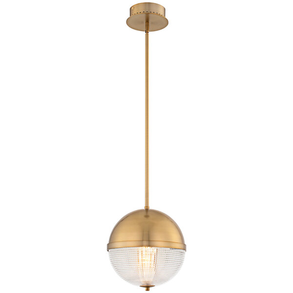 A gold and clear glass globe pendant light with a long thin gold stem.
