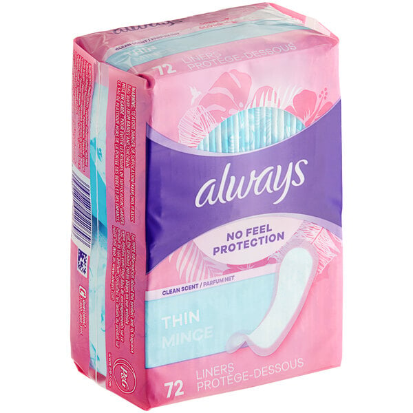 A case of 12 pink and blue packages of Always scented thin daily liners.