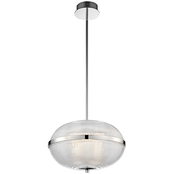 A Kalco Portland LED pendant light with polished nickel and glass globe over a restaurant table.
