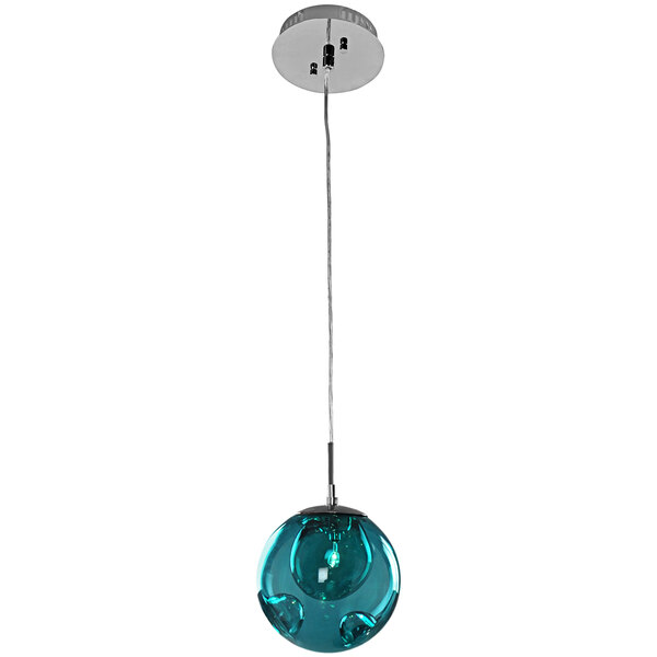 Aqua glass and polished chrome mini pendant light with a blue glass ball hanging from a ceiling.