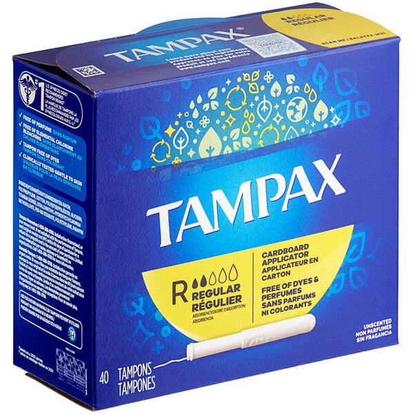 A blue Tampax box with 12 regular unscented tampons and a logo.