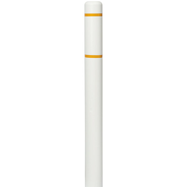A white Innoplast BollardGard with yellow reflective stripes covering a bollard.
