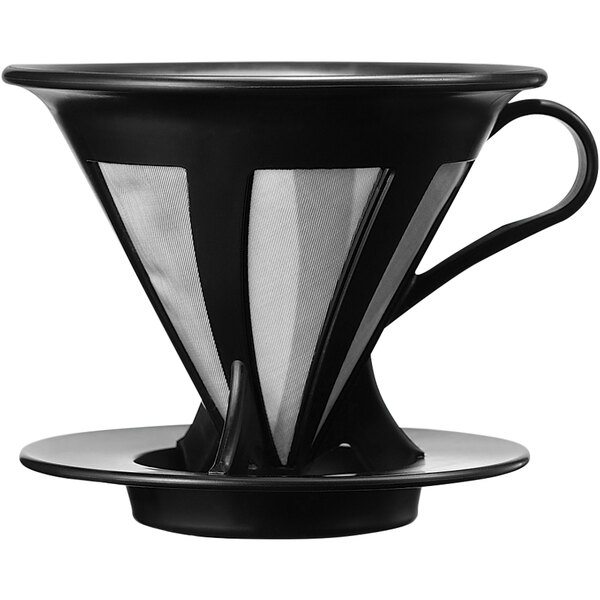 A black Hario Cafeor coffee dripper with a silver filter.