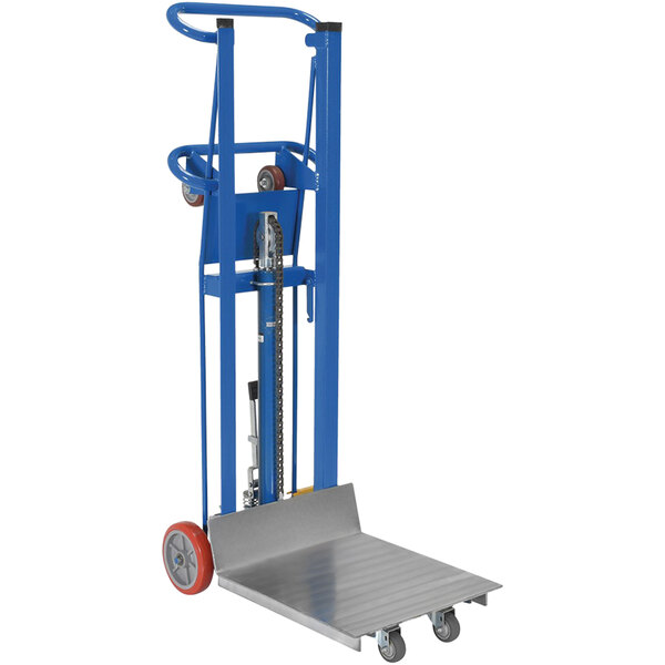 A blue and silver steel hand truck with wheels and a yellow handle.