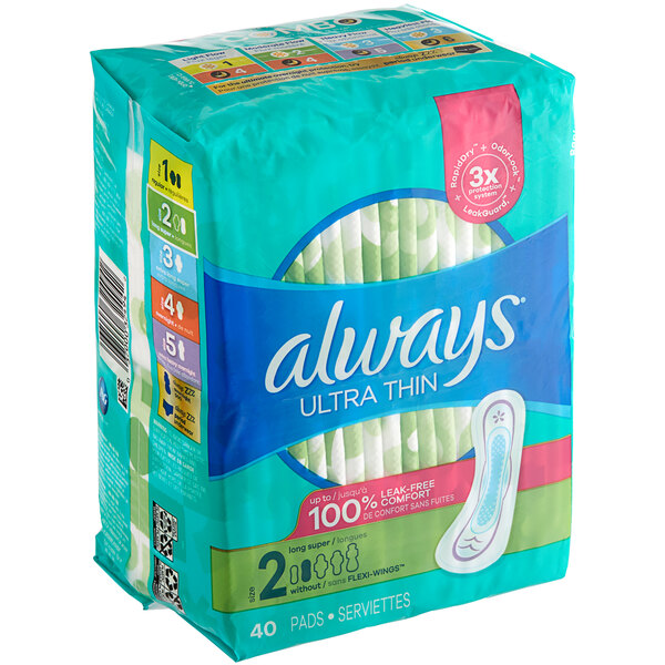 A package of 6 Always Ultra Thin 40-Count Unscented Menstrual Pads without wings.