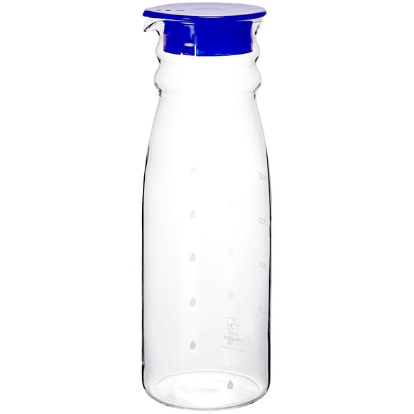 A clear glass Hario Free Pot carafe with a navy blue lid.