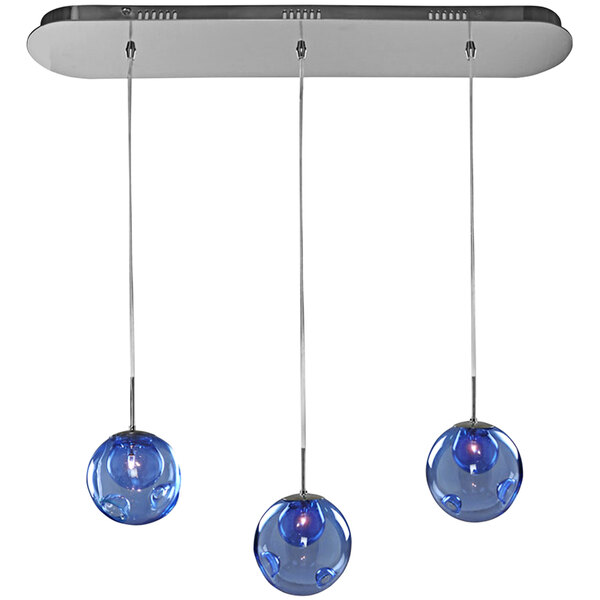 A Kalco polished chrome metal island light with three blue glass balls hanging from it.