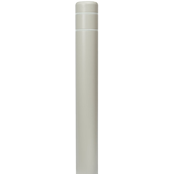 A light gray cylindrical bollard cover with white reflective stripes.