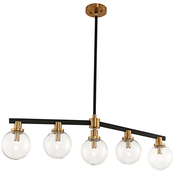 A Kalco Cameo 5-light island light with black and brushed brass accents and clear glass globes.
