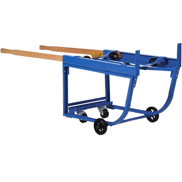 A blue metal cart with black polyurethane wheels.