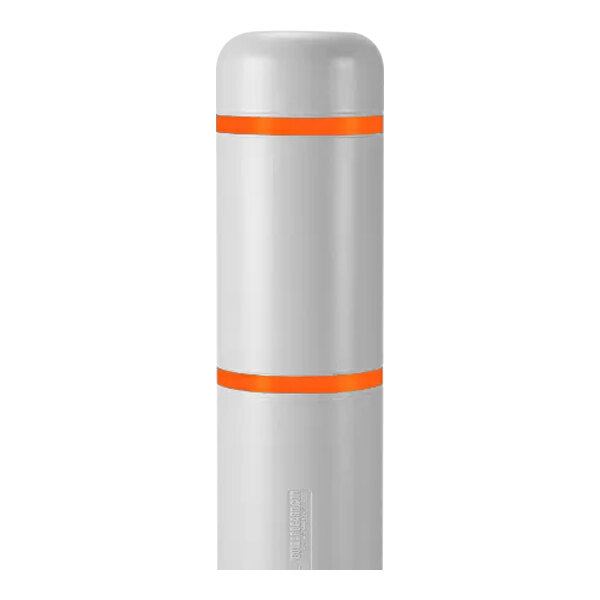 A white cylinder with orange stripes.