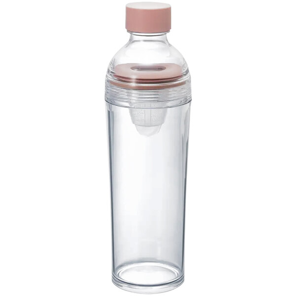 A clear Hario glass water bottle with a pink cap.