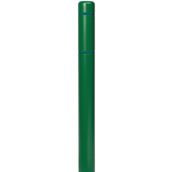 A green bollard cover with green reflective stripes on a white background.