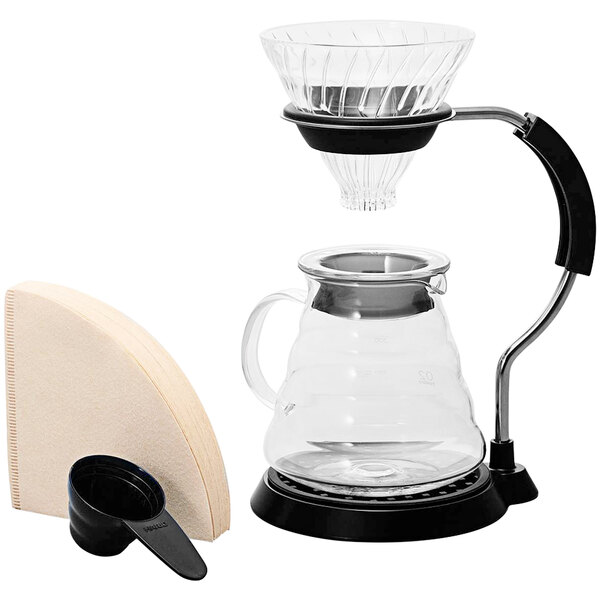 A Hario V60 glass coffee maker with a glass pitcher and a filter.