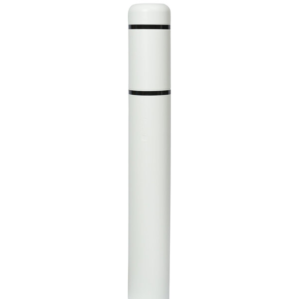 A white cylindrical bollard cover with black stripes.