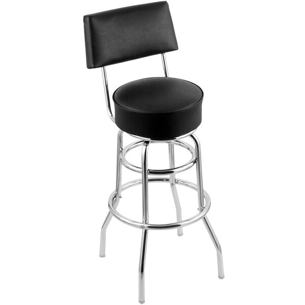 A Holland Bar Stool black vinyl swivel bar stool with chrome legs.