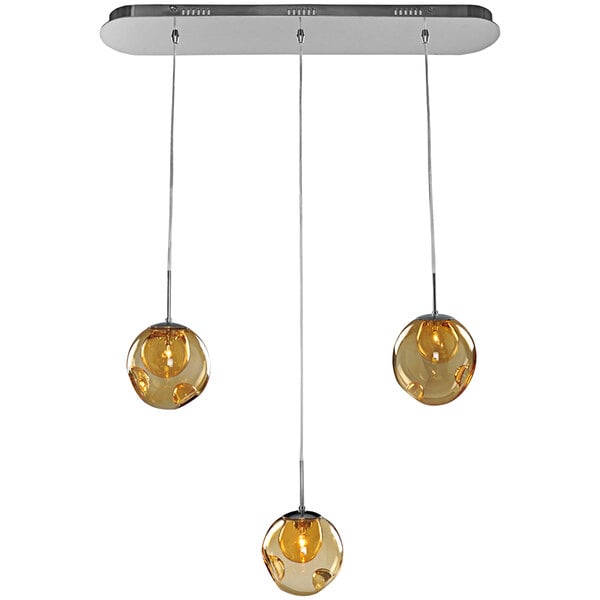 A Kalco Meteor island light with three round amber glass shades hanging from a chrome fixture.