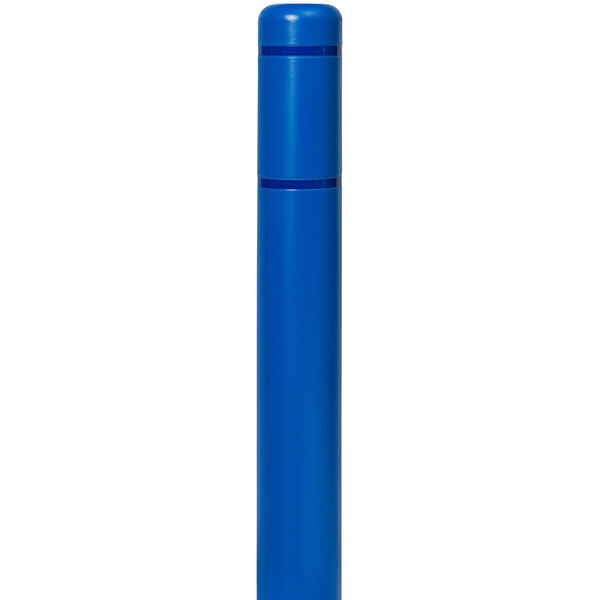 A blue cylindrical bollard cover with blue reflective stripes on a white background.