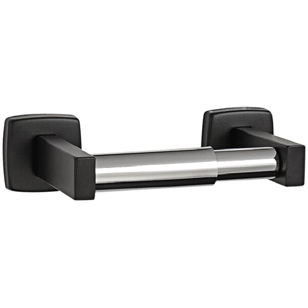 A matte black and silver surface-mounted toilet paper holder by American Specialties, Inc.