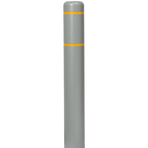 A grey cylindrical Innoplast BollardGard with yellow stripes.