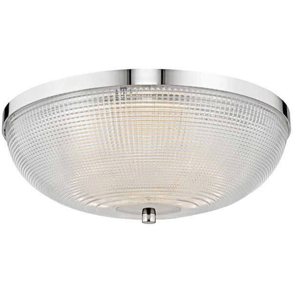 A Kalco Portland LED flush mount light with a polished nickel finish and clear glass shade.