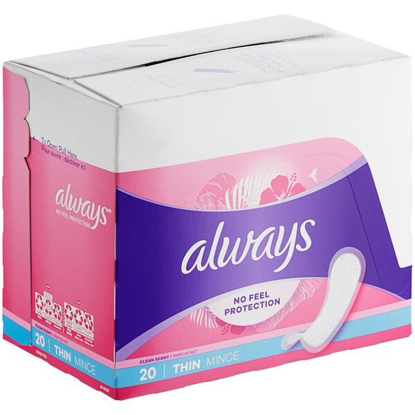 A pink and purple Always box of 20 thin scented daily liners.