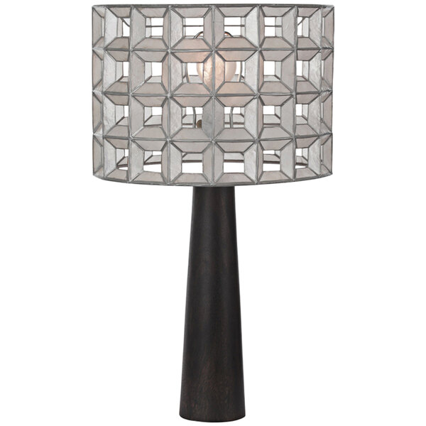 A Kalco Prado table lamp with a white and black geometric patterned shade.