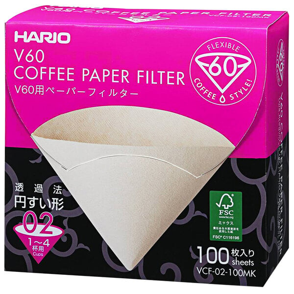 A box of 100 Hario V60 natural paper coffee filters.