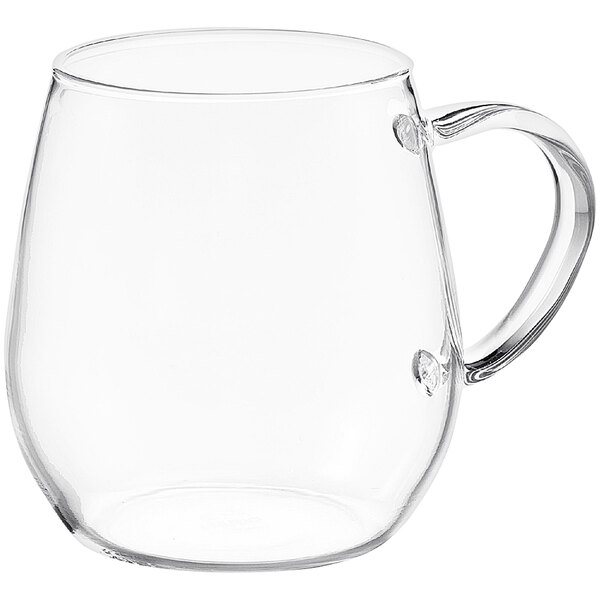 A set of 2 clear glass Hario mugs with handles.