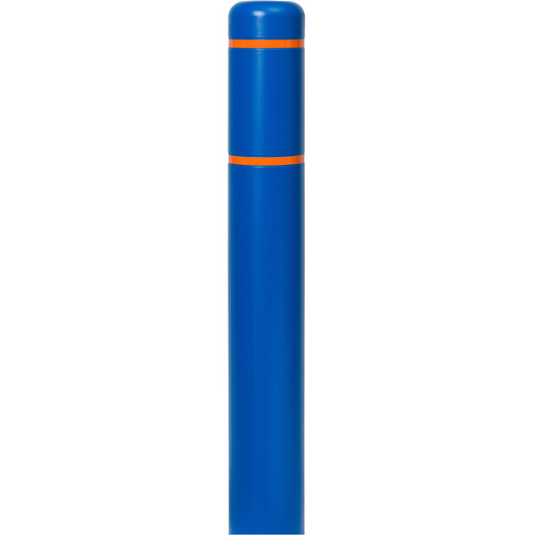 A blue cylindrical Innoplast BollardGard cover with orange stripes.