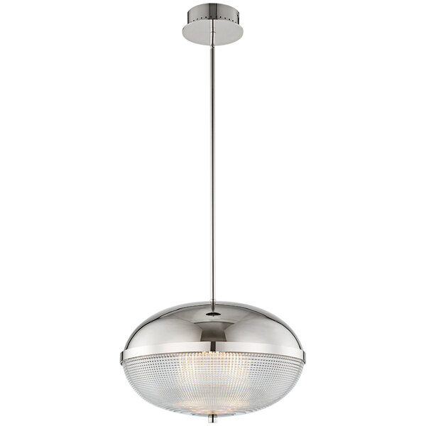 A Kalco Portland polished nickel pendant light with a glass shade over a table in a restaurant.