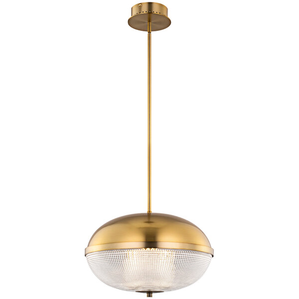 A gold and white Kalco Portland LED pendant light over a table in a restaurant.