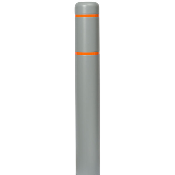 A grey bollard cover with orange stripes on a white background.