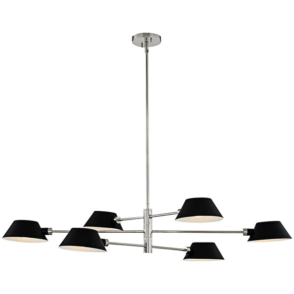 A Kalco Bruno mid-century modern island light with polished nickel finish and black shades over a dining area.
