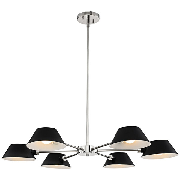 A Kalco Bruno mid-century modern chandelier with black shades over a dining area in a restaurant.