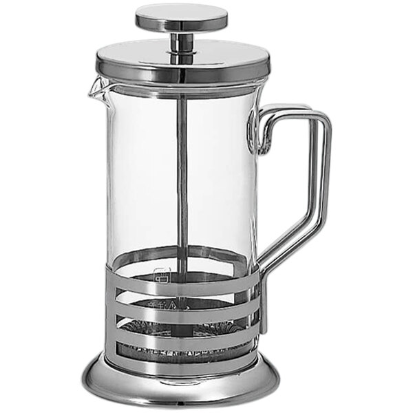 A stainless steel and glass coffee press with a metal lid.