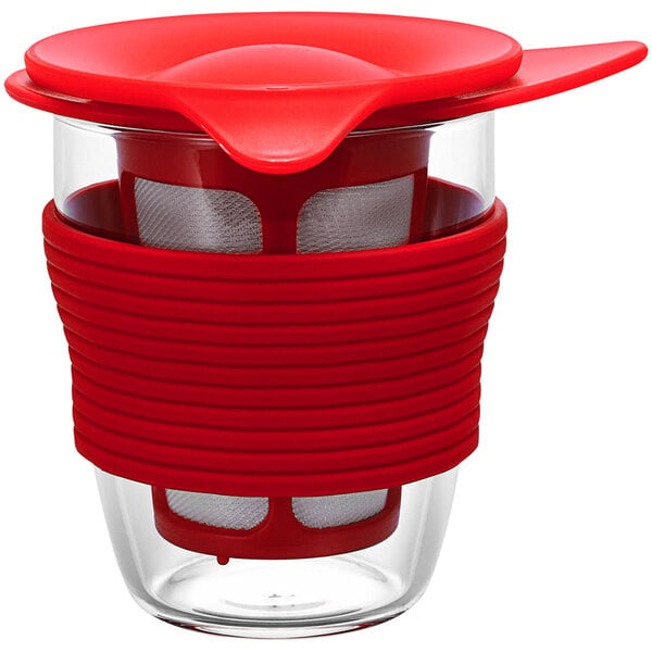 A red glass Hario tea maker with a lid.