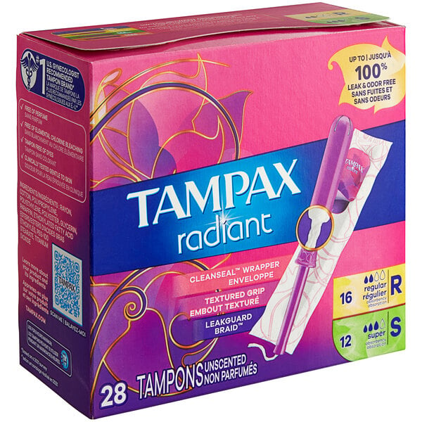 A Tampax Radiant box with 6 boxes of tampons inside.