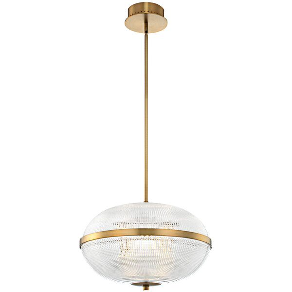 A Kalco Portland LED pendant light with a clear glass shade and brass finish.