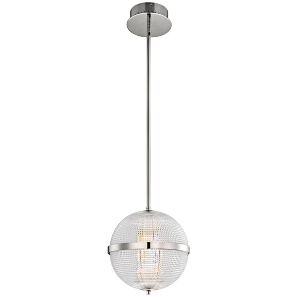 A Kalco Portland LED mini pendant light with a clear glass sphere on a thin metal pole.