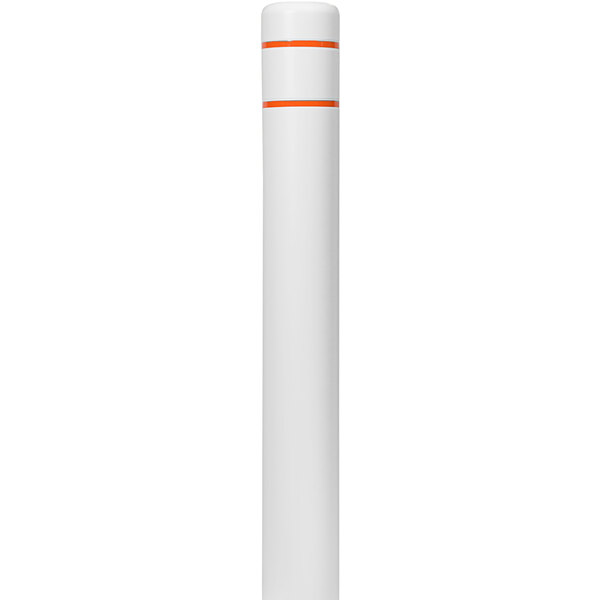 A white cylindrical object with orange stripes.