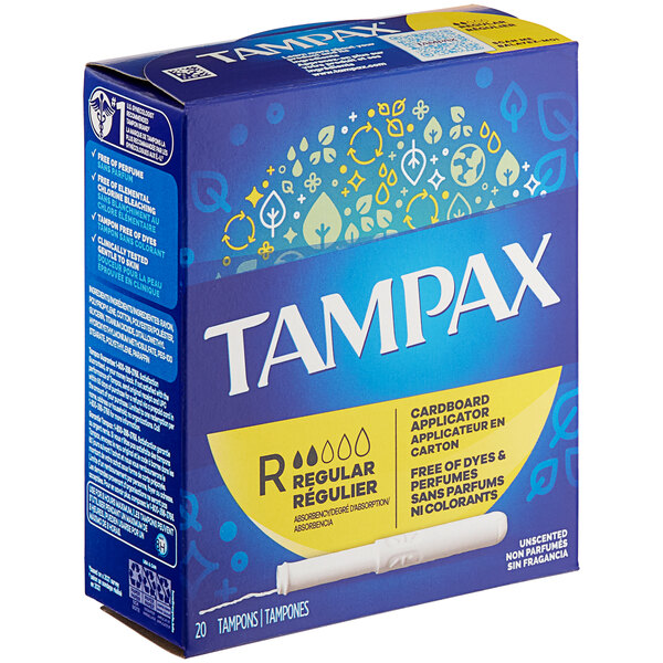 A blue and yellow Tampax box with white text and a white tampon.
