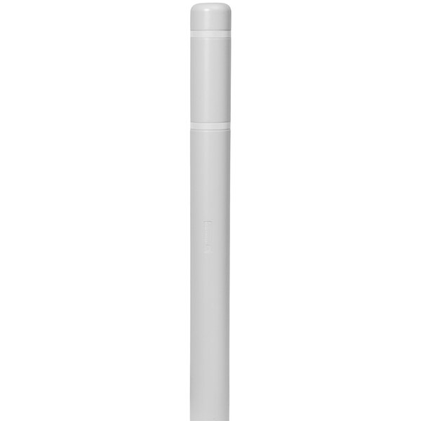 A white bollard cover with white reflective stripes.