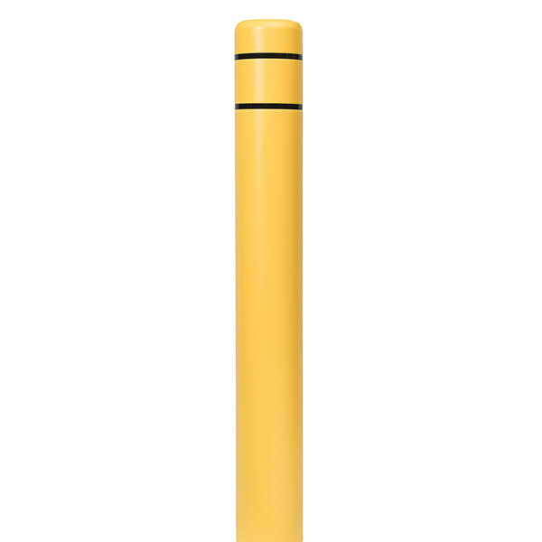 A yellow bollard cover with black reflective stripes.